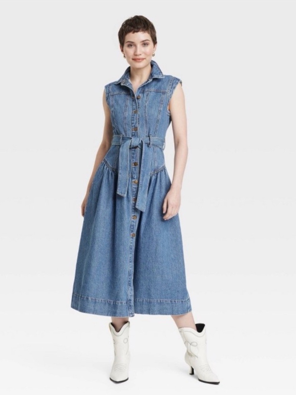NWT! Universal Thread Sleeveless Denim Button-Front Midi Dress with Tie Belt